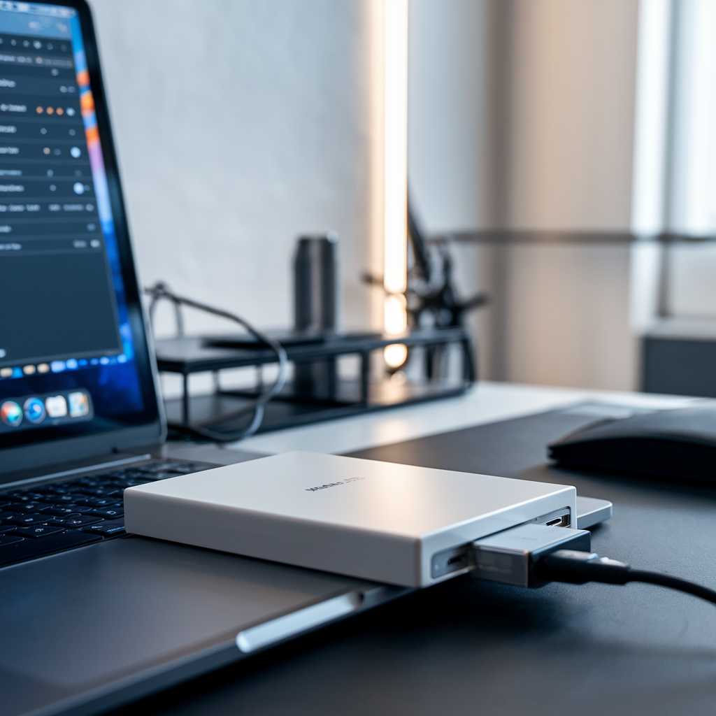 Disque dur externe connecté à un ordinateur portable pour sauvegarde.