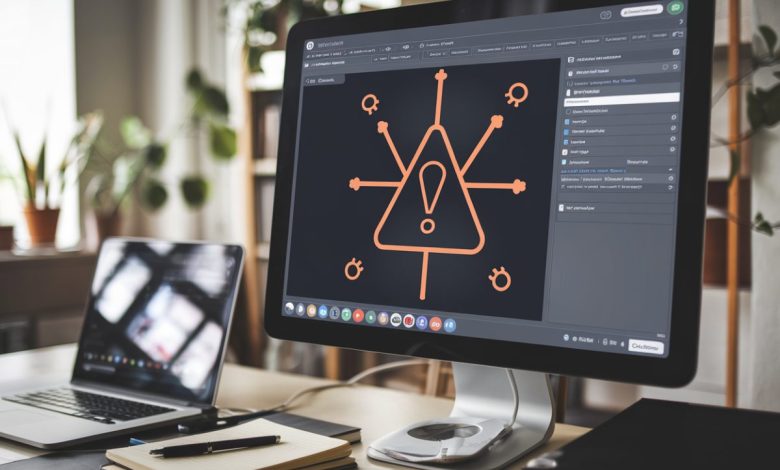 Écran d'ordinateur affichant une interface TeamViewer avec un symbole d'avertissement de sécurité.
