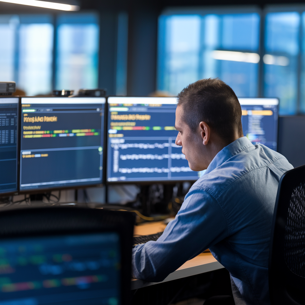 Analyste en cybersécurité surveillant un réseau sur plusieurs écrans.