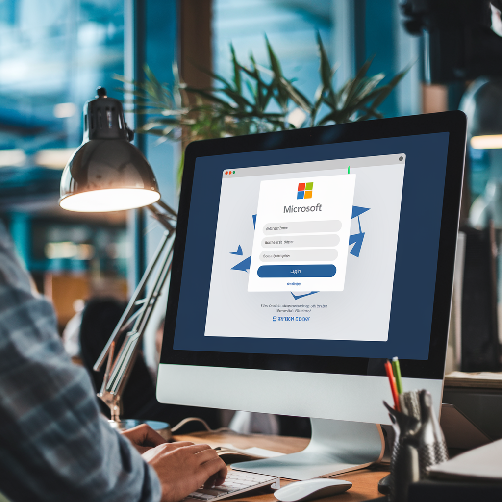 Écran d'ordinateur avec un email de phishing affichant une fausse page de connexion Microsoft