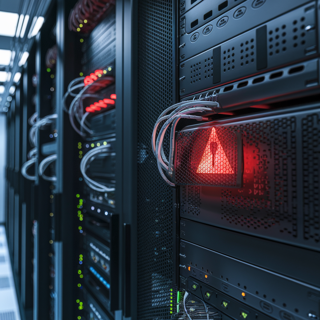 Salle de serveurs d'entreprise piratée avec un voyant d'alerte rouge.