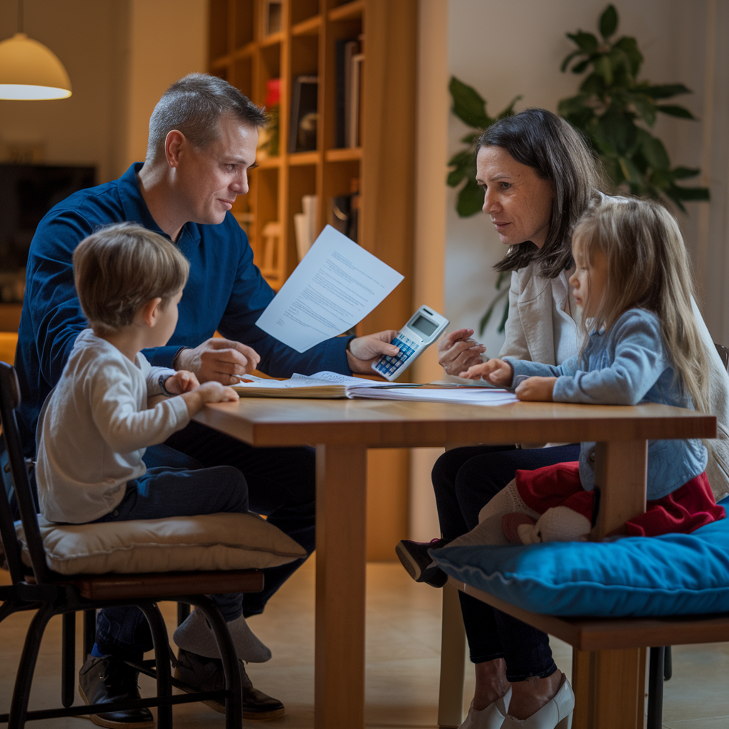 Une famille discute de finances à table, préoccupée par les dépenses