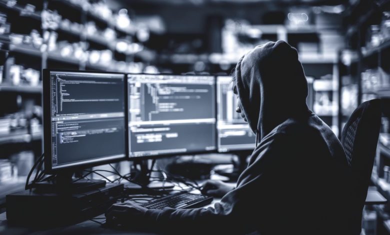 Un hacker devant des écrans lumineux dans une pièce sombre