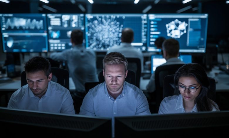 Une équipe de cybersécurité analyse des données de menaces sur des écrans