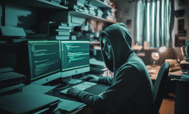 Un hacker exploite une vulnérabilité dans une salle sombre