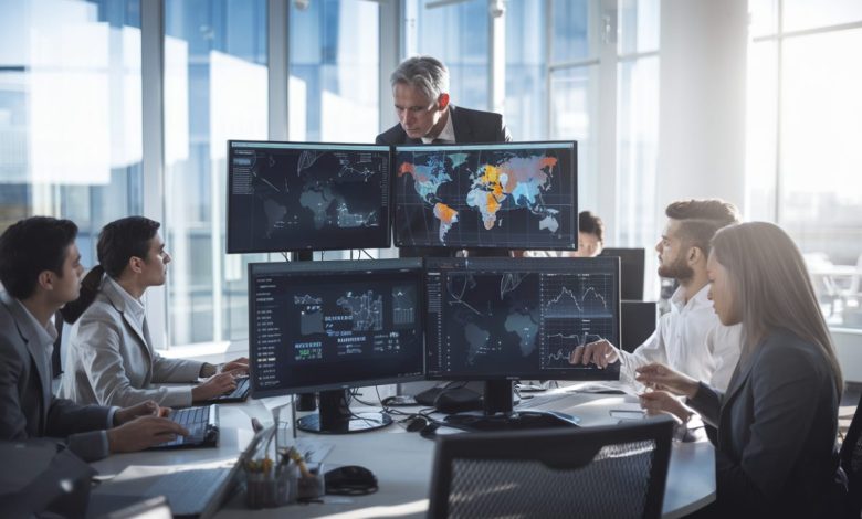 Un gestionnaire de risques analyse des données géopolitiques dans un bureau moderne