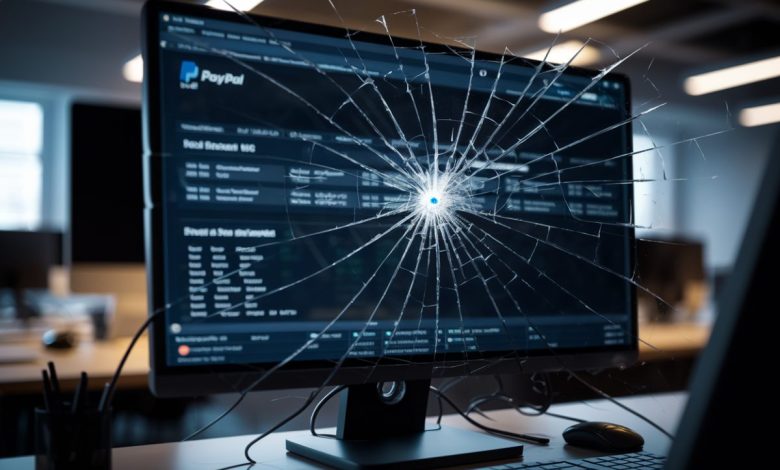 Écran d'ordinateur fissuré montrant des données exposées