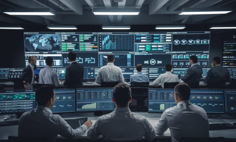 Salle de contrôle avec écrans de données de cybersécurité