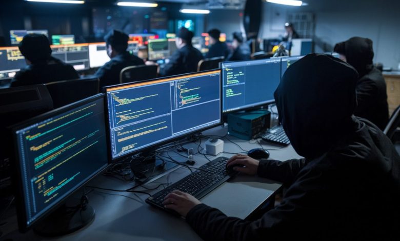 Illustration d'un groupe de hackers en action dans une pièce sombre