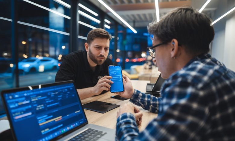 Technicien examinant un Android suspect en atelier moderne