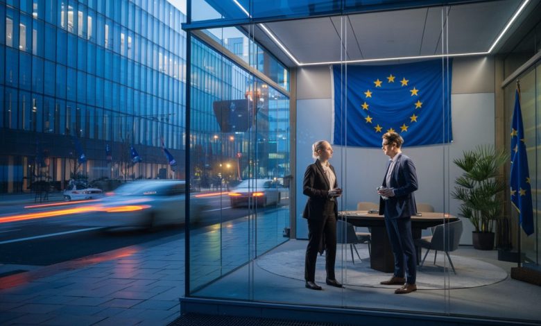 Bruxelles, analystes cybersécurité devant un bâtiment européen moderne